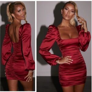 Oh Polly Precious Jewel Ruched Puff Sleeve Satin Mini Dress Red Party- Size 6